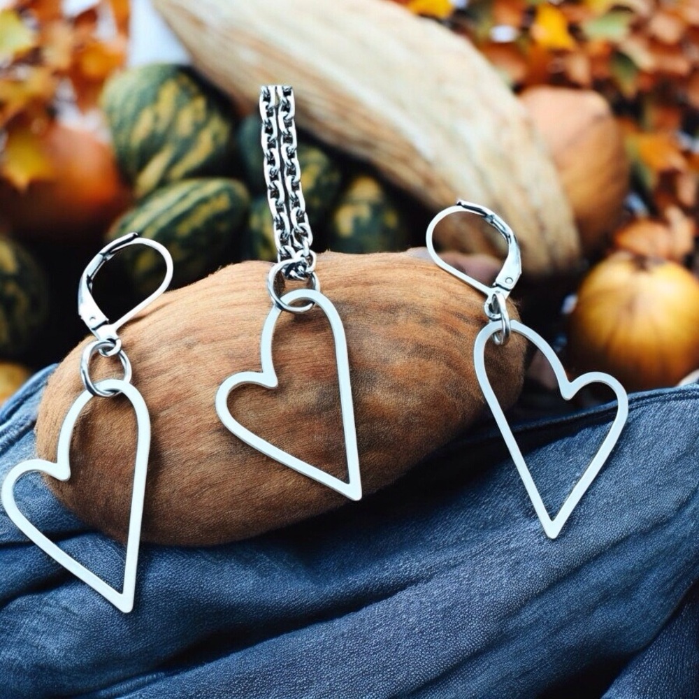 🆕 Heart Necklace and Earrings Set Stainless Steel